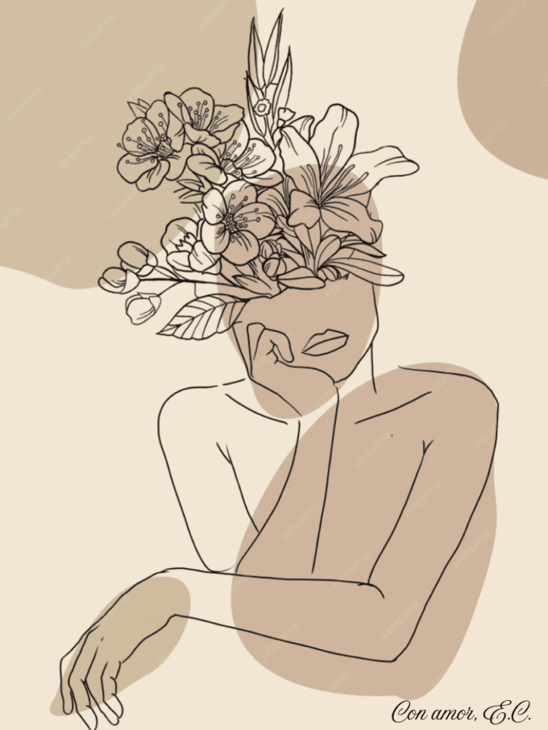Dibujo minimalista de una mujer con flores en el rostro, en estilo line art, con tonos neutros y fondo beige. Refleja introspección, feminidad y sensibilidad artística, ideal para la identidad visual de Miravé.